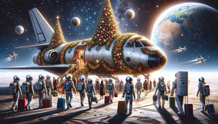 DALL E 2023-12-21 094702 A contemporary scene of people going on a space vacation during christmas in 2023 the image shows a modern realistic spacecraft similar to those in 2023